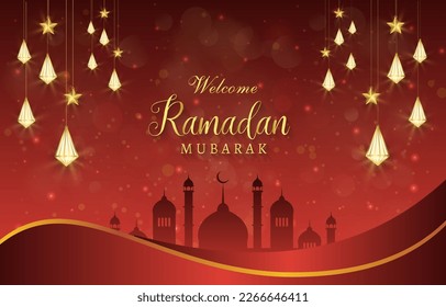 welcome ramadan mubarak banner with elegant islamic illustration luxury shiny ornament and abstract gradient red and golden background design