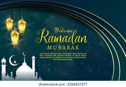 welcome ramadan mubarak banner with elegant islamic illustration luxury shiny ornament and abstract gradient blue and green background