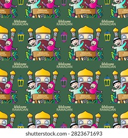 Welcome ramadan seamless pattern with muslim couple cartoon and masque