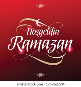 Welcome Ramadan (Turkish: Hosgeldin Ramazan) greeting card. Holy month of muslim community Ramazan background with hanging arabic ornament.