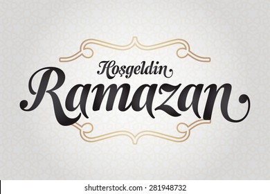 Welcome Ramadan (Turkish: Hosgeldin Ramazan) greeting card. Holy month of muslim community Ramazan background with hanging arabic pattern. White background