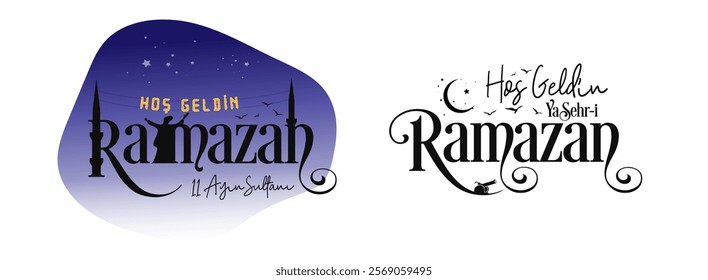 Welcome Ramadan-themed graphic design, emphasizing 11 Months Sultan, night theme, minarets, crescent moon, and stars