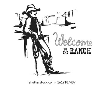 Welcome to the ranch. American Cowboy on wild west sunset landscape. Vector illustration