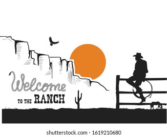 Welcome to the ranch. American Cowboy on wild west sunset desert landscape. Vector illustration