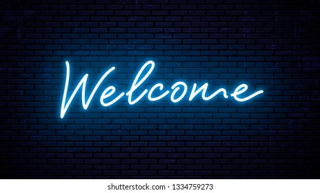 Welcome - ready inscription template for neon signboard. Vector glowing text on wall background. - Powered by Shutterstock - Get 15% off with code: PIKWIZARD15