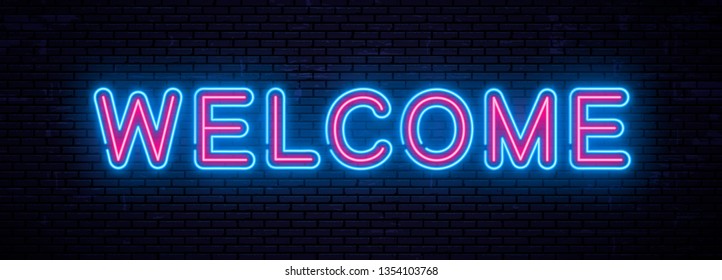 Welcome - ready inscription template for neon signboard. Vector glowing text on wall background. - Powered by Shutterstock - Get 15% off with code: PIKWIZARD15