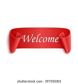 Welcome red realistic sticker isolated on white