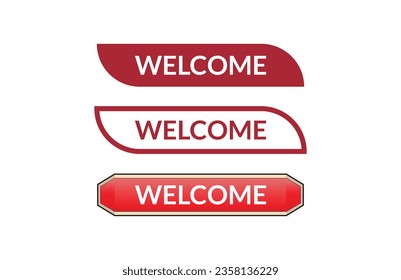 Welcome red ribbon label banner set. Open available now sign or Welcome tag.