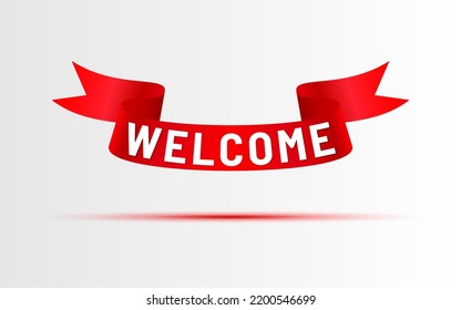 Welcome red ribbon satin banner logo greeting flat. Retro vintage tape sign welcoming opening event message poster festive greeting card party invitation hello paper element holiday decor isolated