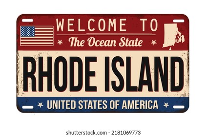 Welcome to Rhode Island vintage rusty license plate on a white background, vector illustration