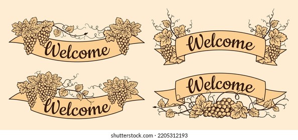 Welcome Ribbon And Grape Vine Set. Tape Collection, Decorative Web Icon Kit Of Text Banner. Label Tag, Scroll Stripe Vintage Craft Background Invitation Party. Engraving Clipart Graphic Element