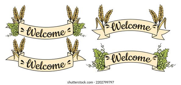 Welcome ribbon set, hop and wheat ear. Tape collection, decorative web icon kit of text banner. Label tag, scroll stripe vintage craft background invitation party. Engraving graphic element