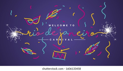 Welcome to Rio de Janeiro Carnival 2020 handwritten typography sparkle firework line design colorful party elements purple background