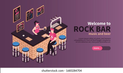 Welcome to rock bar horizontal banner with elements of interior and offering music and beer isometric vector illustration