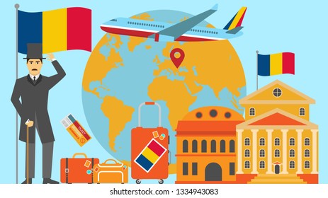 Welcome to Romania postcard. Travel and safari concept of Europe world map vector illustration with national flag