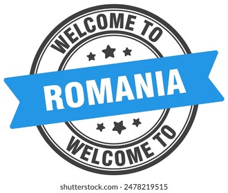 Welcome to Romania stamp. Romania round sign isolated on white background