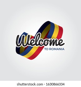 Welcome to romania symbol with flag, simple modern logo on white background, vector illustration