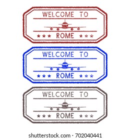 Welcome to Rome. Colored tourist stamps. Vector illustration isolated on white background