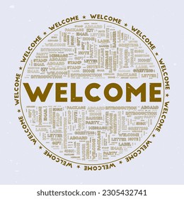 Welcome - round badge. Text welcome with keywords word clouds and circular text. Alligator color theme and grunge texture. Attractive vector illustration.