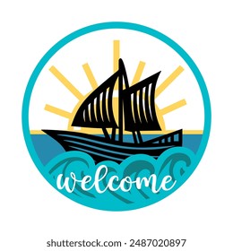 Señal redonda de bienvenida, diseño de Vector, ilustración de verano 
