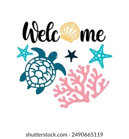 Welcome round sign,  Vector design, Summer Illustration 