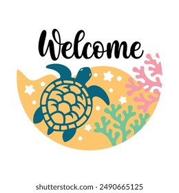 Welcome round sign,  Vector design, Summer Illustration 