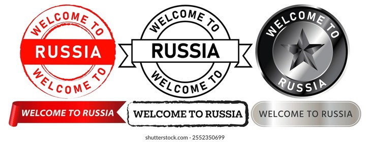 Welcome to Russia country tourist destination place Europe tourist greeting stamp red black badges emblem sticker label banner button ribbon design icon set collection