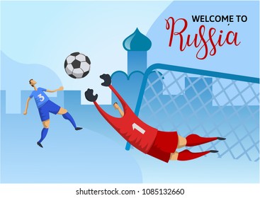 Welcome to Russia. Football players on Russian church background. Colorful poster with lettering. Flat vector illustration. Horizontal