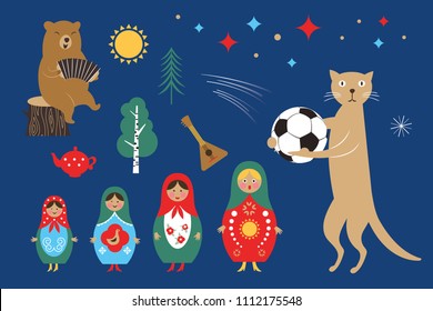 welcome to Russia, Russia icons set,russian doll Matryoshka, balalaika, bear and cat with ball