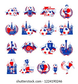 Welcome to Russia inscription badges vector set. Abstract invitations collection on football cup 2018. Russian folk art tradition elements, balalaika, nesting doll, football symbols, ball.