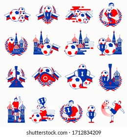 Welcome to Russia inscription badges vector set. Abstract invitations collection on world football cup. Russian folk art tradition elements, balalaika, nesting doll, football symbols, ball.