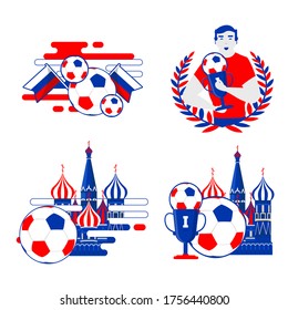 Welcome to Russia inscription badges vector set. Abstract invitations collection on world football cup. Russian folk art tradition elements, balalaika, nesting doll, football symbols, ball.