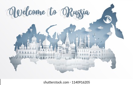 Welcome to Russia with map concept and Russian famous landmarks in paper cut style vector illustration. Travel poster, postcard and advertising design.