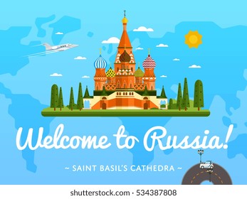 Welcome to Russia poster with famous attraction vector illustration. Travel design with Saint Basil's Cathedral at Red Square. World landmark and historical place, tour guide for traveling agency