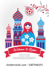 Welcome to Russia, Poster for a sporting event, banner, Russian traditional symbols and modern elements, 2018 trend, Football world championship. Flyers Design