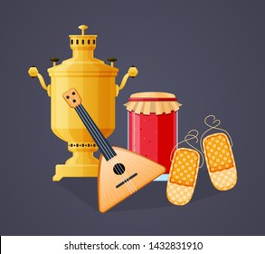 Welcome to Russia. Russian traditions souvenir, russian vodka bottle, alcohol drink with russian national traditional stringed musical instrument, carved wooden balalaika vector illustration isolated.