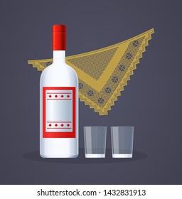 Welcome to Russia. Russian traditions, souvenir, russian vodka bottle, glass bottle of vodka, alcohol drink, with screw cap, with wine glasses. Packaging, alcoholic beverage, liquid vector