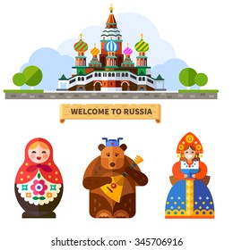 Welcome to  Russia! Saint's Basil Cathedral on the Red Square in Moscow, matreshka doll, Russian bear with balalaika in hat, happy Russian woman in traditional dress. Flat vector illustration.