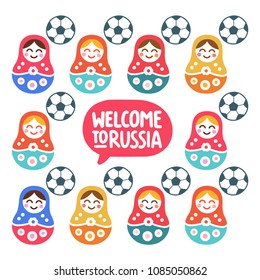 Welcome to Russia. Set of vector hand drawn nesting dolls and football ball icons on white background.
