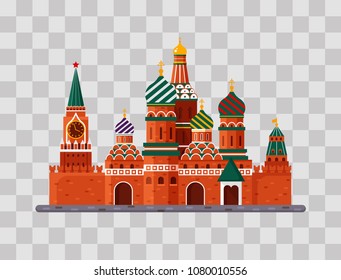 Welcome to Russia. St. Basil s Cathedral on Red square. Kremlin palace on transparent background - vector stock flat illustration. Landscape design
