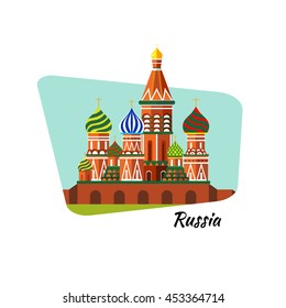 Bienvenidos a Rusia. Catedral de San Basilio en Plaza Roja - ilustración plana vectorial. Diseño paisajístico.