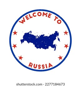 Welcome to Russia stamp. Grunge country round stamp with texture in Fatal Fury color theme. Vintage style geometric Russia seal. Artistic vector illustration.