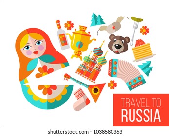 Welcome to Russia. Travel to Russia. Set of clipart Russian traditional items. Russian souvenir. Vector illustration.