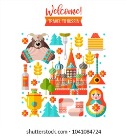 Welcome to Russia. Travel to Russia. Set of clipart Russian traditional items. Russian souvenir. Vector illustration.