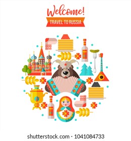 Welcome to Russia. Travel to Russia. Set of clipart Russian traditional items. Russian souvenir. Vector illustration.