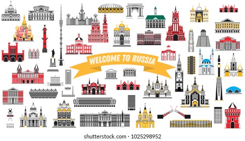 Welcome to Russia. Vector Illustration. Russia Landmarks Set Isolated on White Background. 