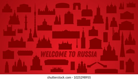 Welcome to Russia. Vector Illustration. Russia Landmarks Silhouette Set.