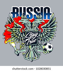 Welcome to Russia vector illustration. Russian national symbol two-headed eagle with football fan attributes: fire and ball. Soccer fan emblem.