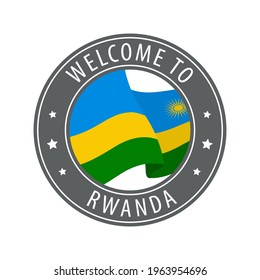 Welcome to Rwanda. Gray stamp with a waving country flag. Collection of welcome icons.