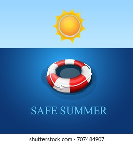 Welcome safe summer: Flotador de rescate flotando en el agua. Cielo y sol. Imagen vector.